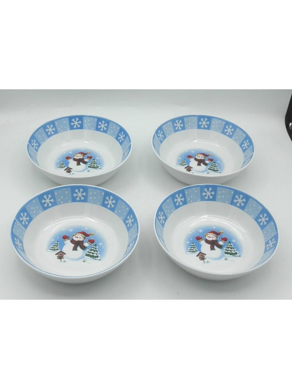 MBT2 by Merry Brite Coupe Cereal Bowls Set of 4 Snowman Birdhouse Snowflakes